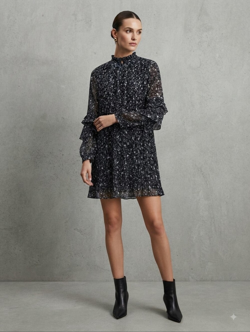 Zara Black Floral Pleated Ruffle Detail Dress Size XS